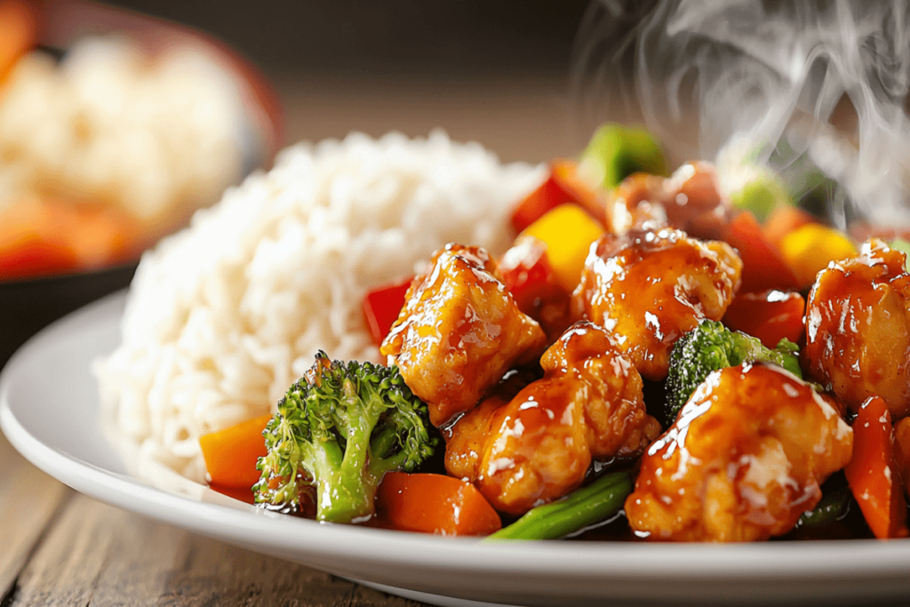 orange chicken with stir fry rice